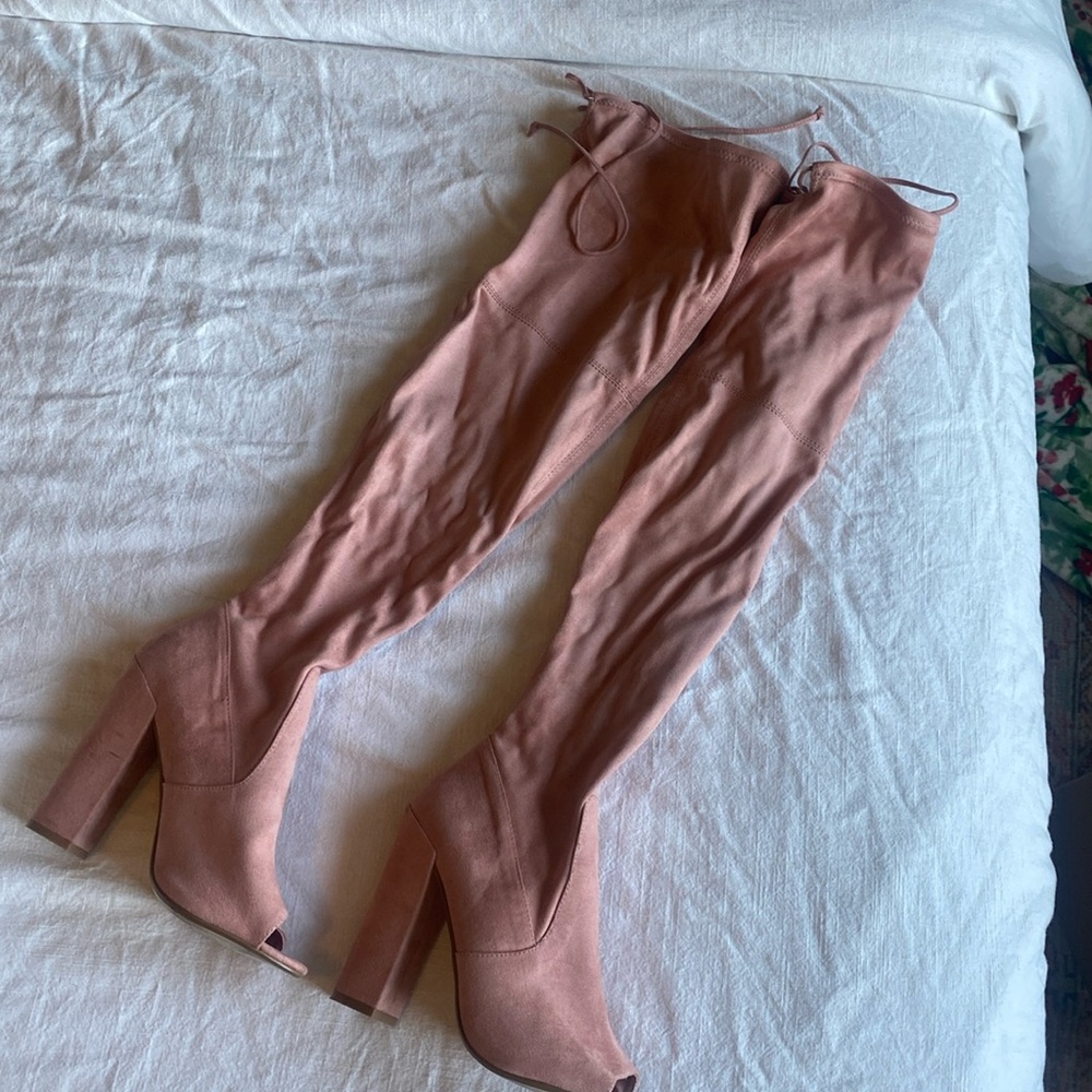 Steve Madden Blush Pink Over-the-Knee Peep Toe Block Heel Boots